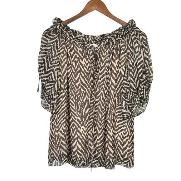 Milly Brown Tan Zebra Animal Print 100% Silk Short Sleeve Blouse - Picture 8 of 12